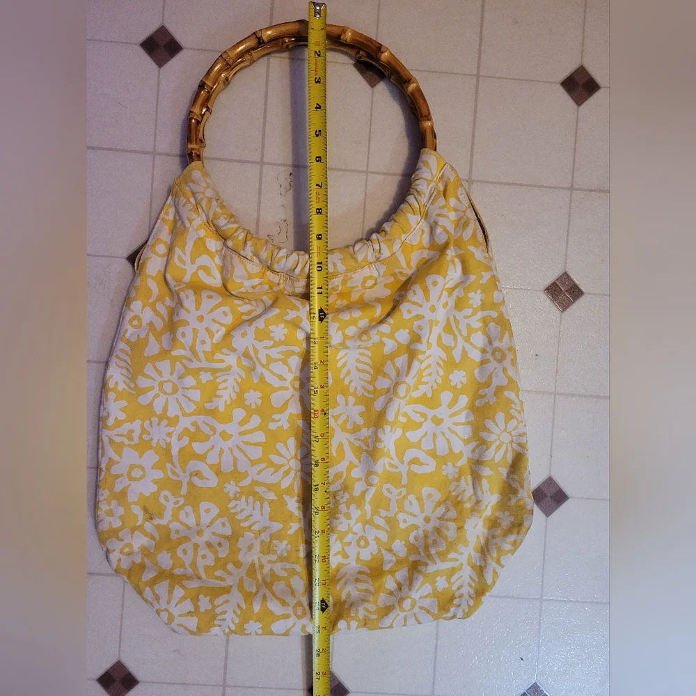 Lands End Bamboo Handle Bag Large Yellow White Floral Polka Dots